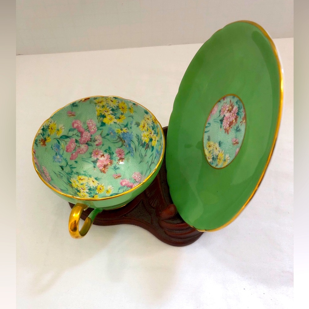 Shelley Chintz Melody Fine Bone China Green Tea Cup Saucer Gold Edge England - Picture 6 of 12